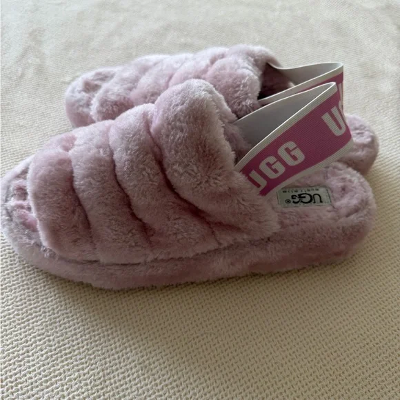 UGG Pink Plush Shearling Slide with Branded Elastic Heel Strap - Picture 2 of 5